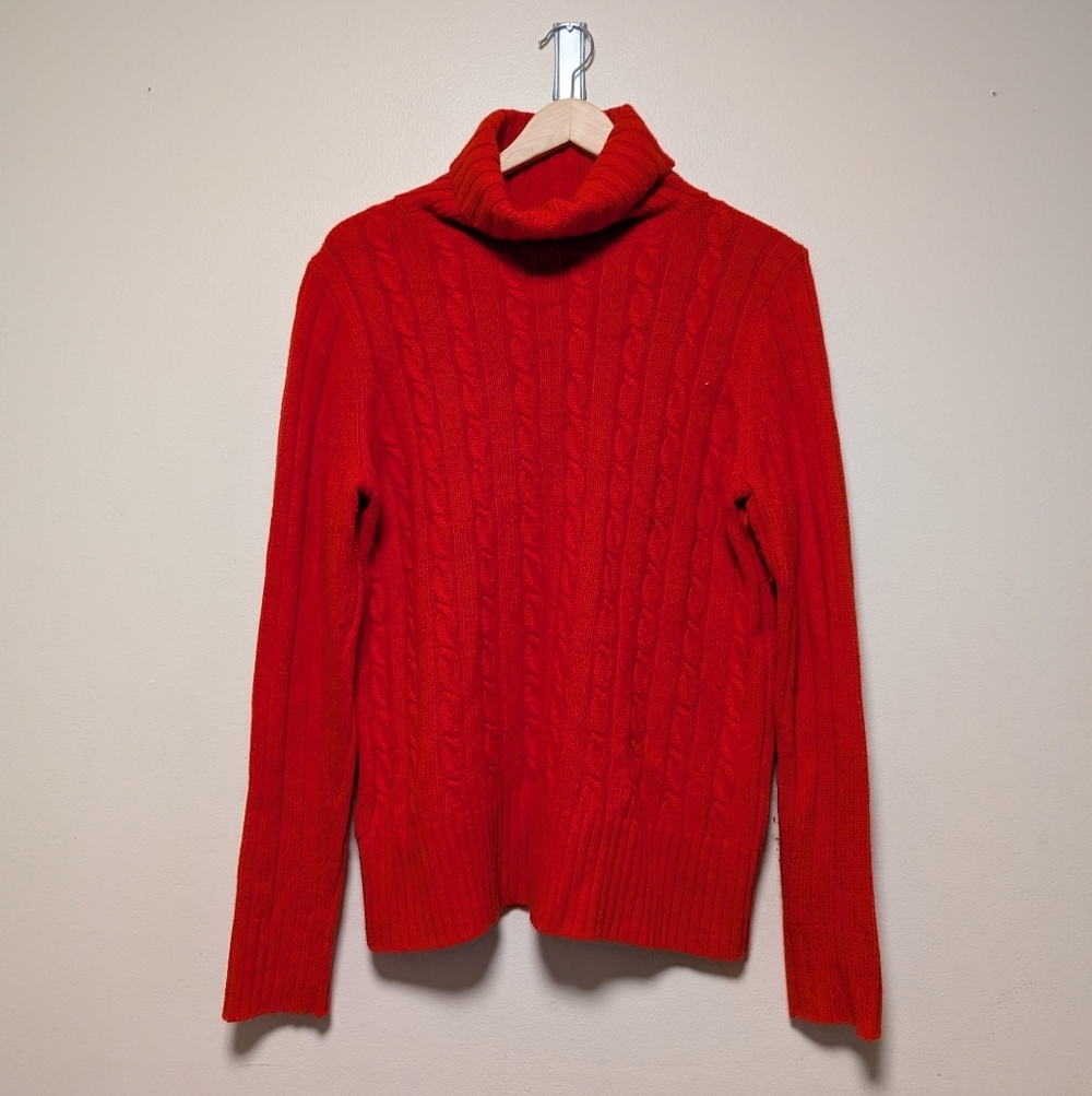 J.Crew Cable Knit Turtleneck Sweater Red Orange Wool Blend Size L